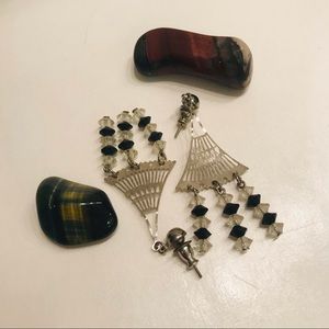 Sterling Silver Fan Beaded VTG Dangle Earrings